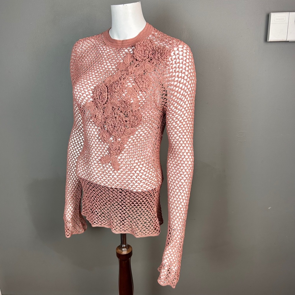 All over net crochet top Large Y2k Arden B Long Sleeve Flower Pink Cottagecore - Picture 4 of 10